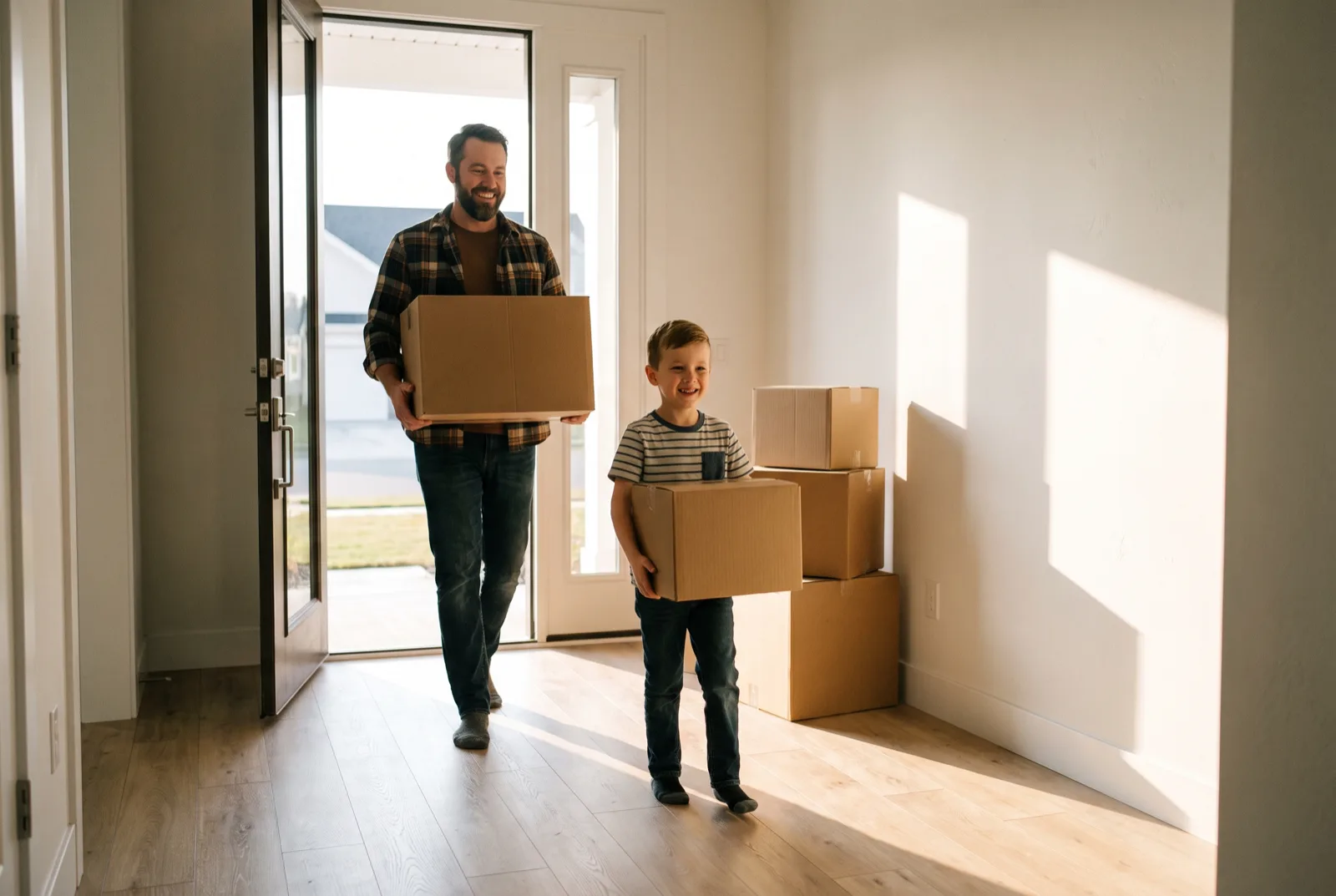 A family moving out after selling their home