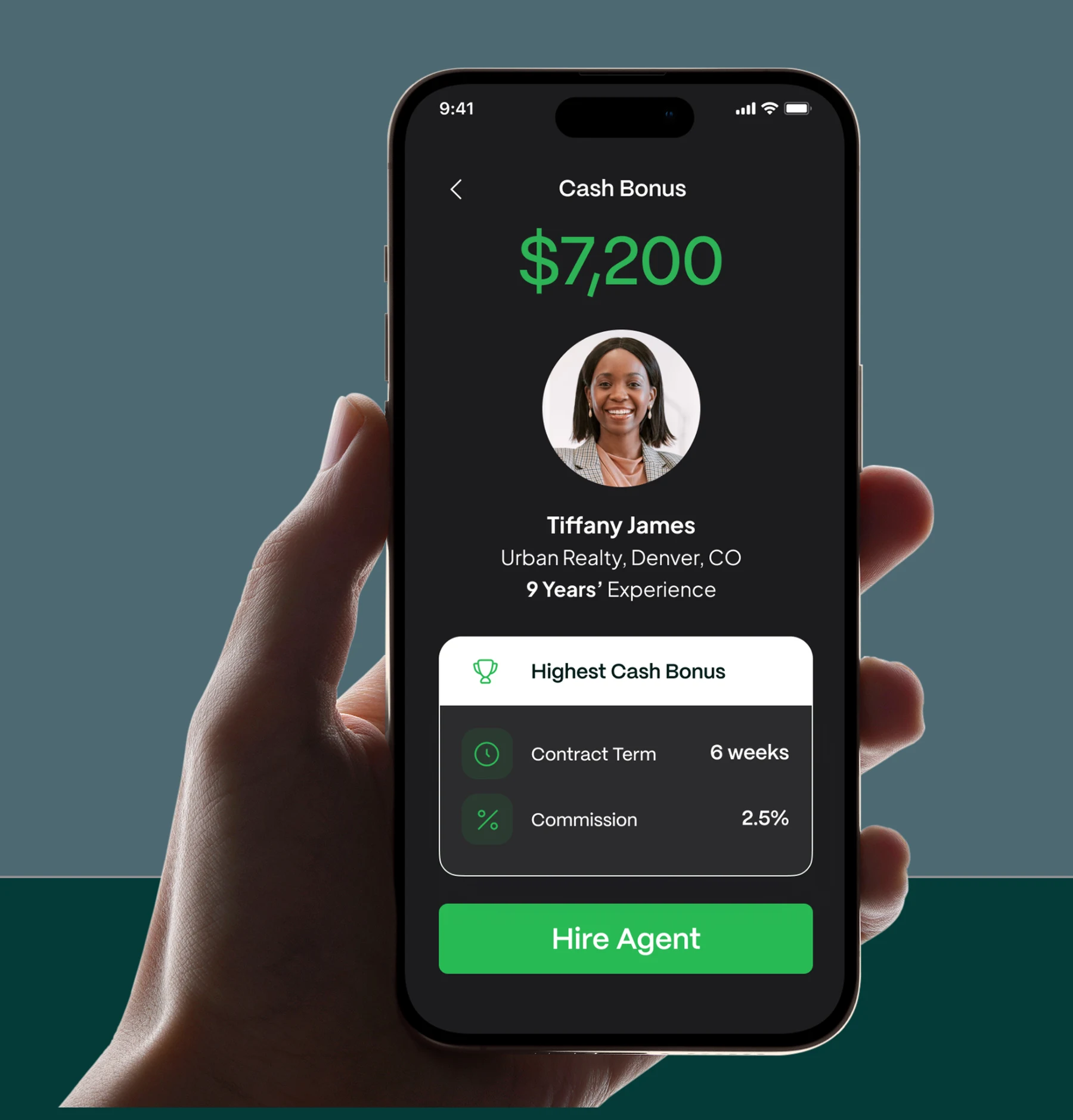 The Redy app showing a 7,200 dollar cash bonus from agent Tiffany James, with her contract term and commission, and a Hire Agent button