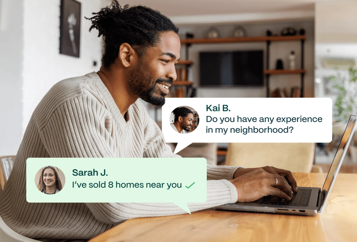 Local agents messaging a seller about their listing, one citing eight recent sales nearby
